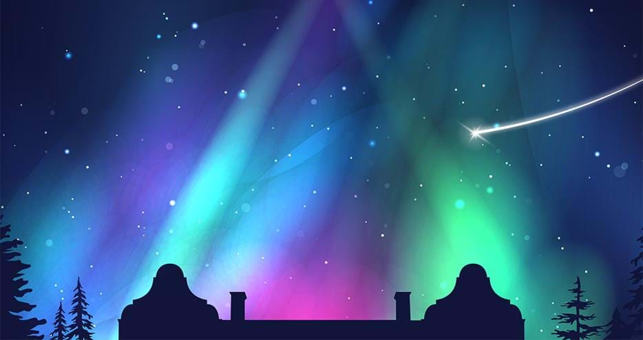 Port Lympne Illuminated illustration of the night sky, glowing with coloured lights above a silhouette of the Port Lympne Mansion