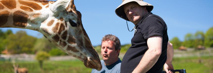 Film crew on location with giraffes at Port Lympne Hotel & Reserve in Kent