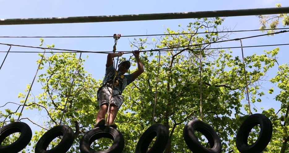 Tyre traverse on the Treetop Challenge at Howletts Wild Animal Park in Kent