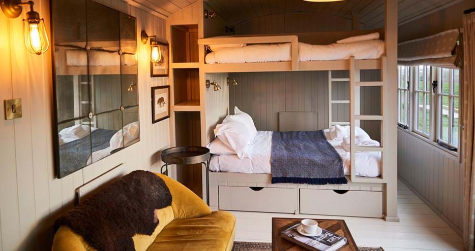 Tastefuly decorated shepherds huts at Hog Deer Creek at Port Lympne Hotel & Reserve in Kent
