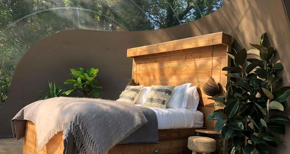 The Bubble features a double bed for glamping in comfort at Port Lympne Hotel and Reserve in Kent