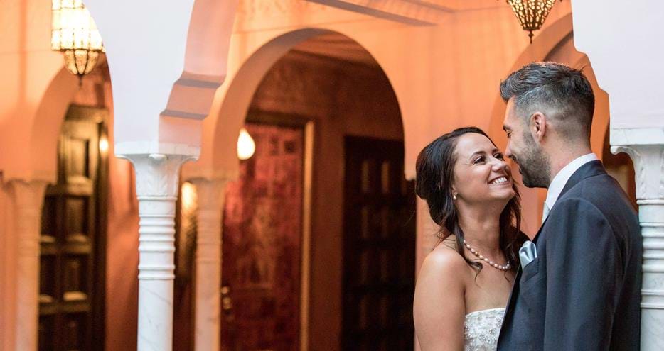 Sara and Cameron in the Moroccan Courtyard wedding venue at Port Lympne Hotel & Reserve. Jeff Oliver Photography