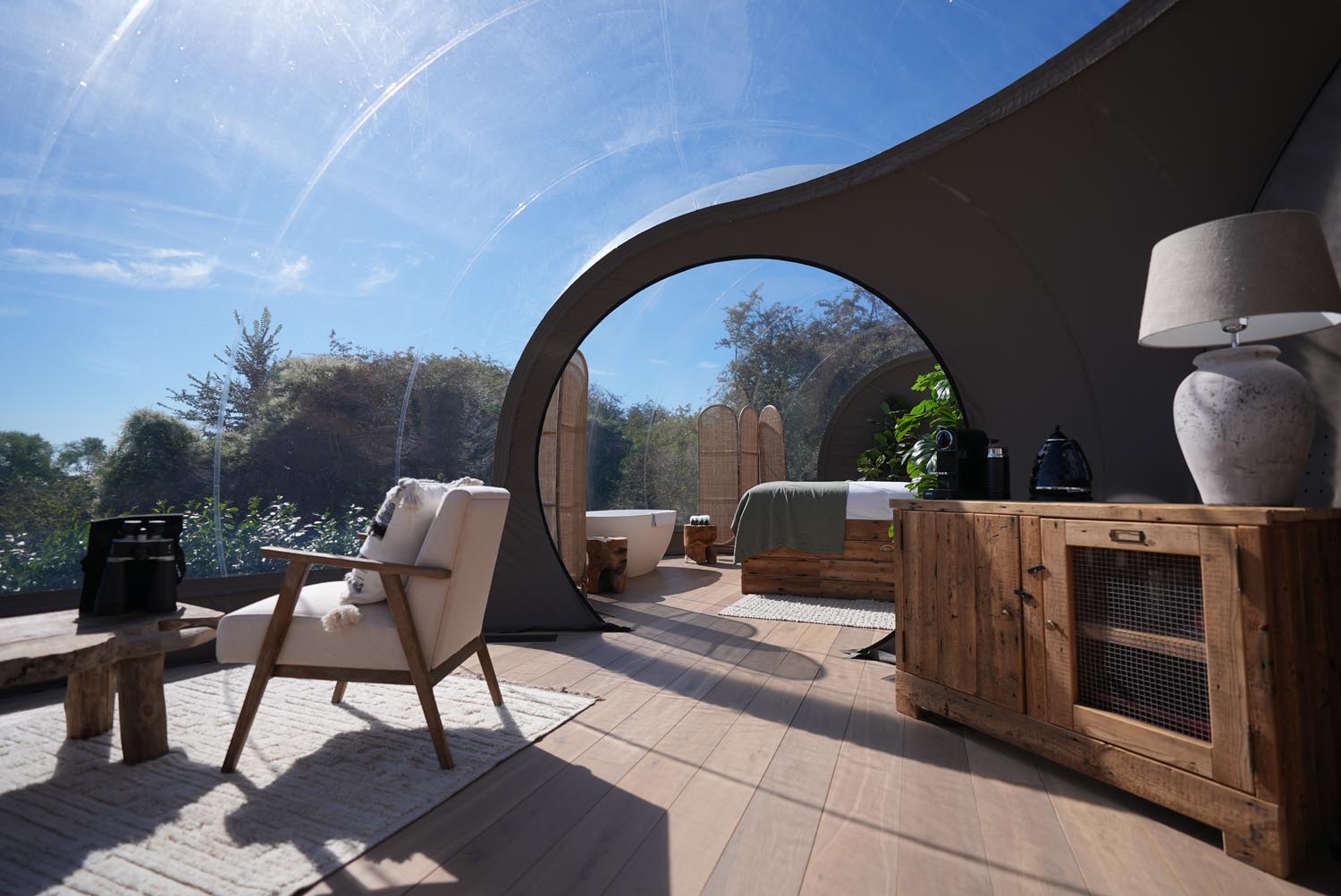 Inside the Lookout Bubble glamping accommodation at Port Lympne Reserve in Kent