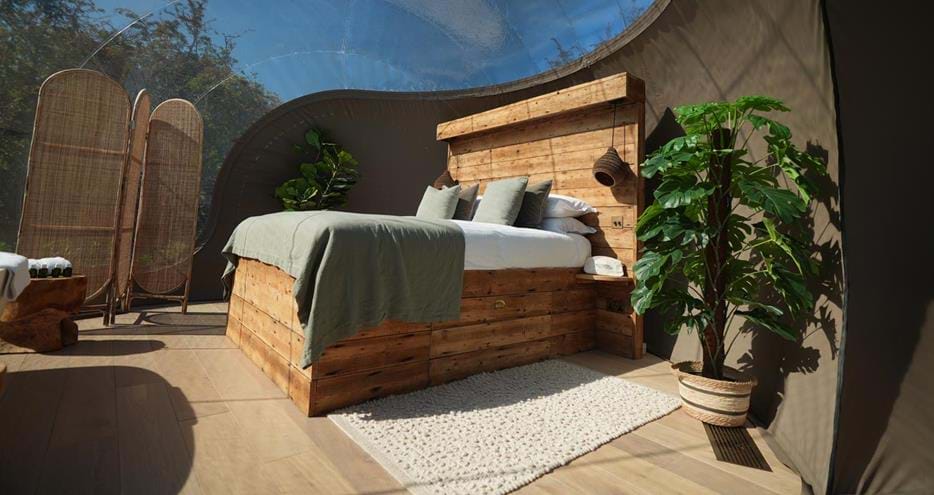 King sized bed at the Lookout Bubble glamping accommodation at Port Lympne Reserve in Kent