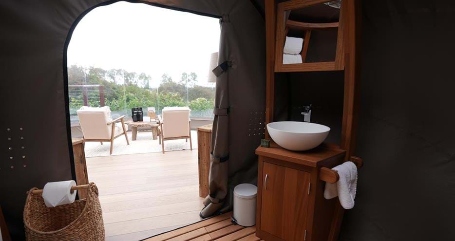 Wash room at the Lookout Bubble glamping accommodation at Port Lympne Reserve in Kent