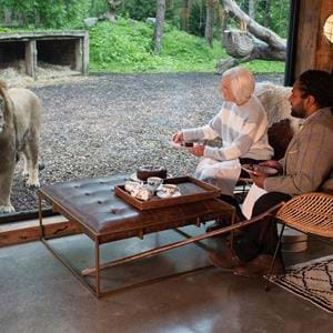 Mary Berry & Hamza Yassin filming Mary's Foolproof Dinners at Lion Lodge at Port Lympne Hotel & Reserve in Kent, Summer 2024