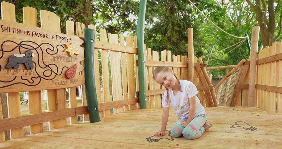 Gorilla footprints and finger maze at Joshi's Jungle playground at Howletts Wild Animal Park in Kent